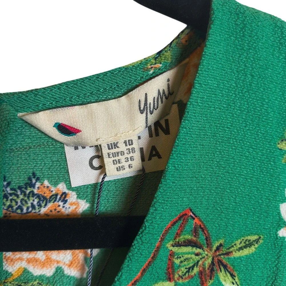 Yumi Women's‎ Floral Kimono Midi Dress Green US 6 V-Neck Short Sleeve NWT